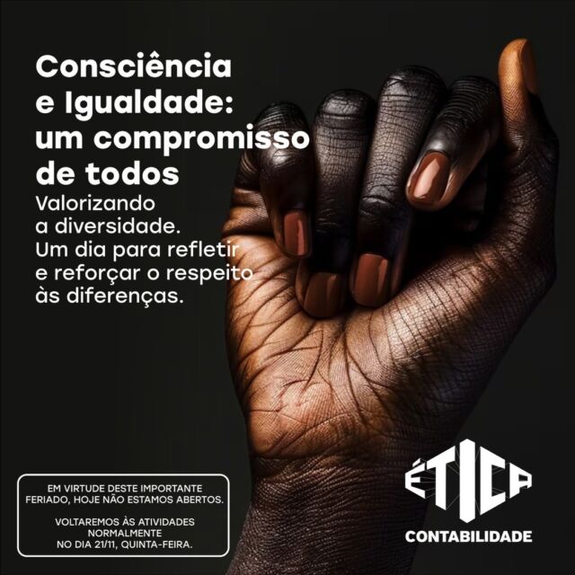 No Dia da Consciência Negra, celebramos a importância da luta por igualdade e respeito à diversidade. É um momento para reconhecer as contribuições históricas e culturais da população negra, além de reforçar o compromisso com a construção de uma sociedade mais justa, onde todos tenham as mesmas oportunidades.

#diadaconsciêncianegra #igualdaderacial #diversidade #respeito #lutacontraoracismo